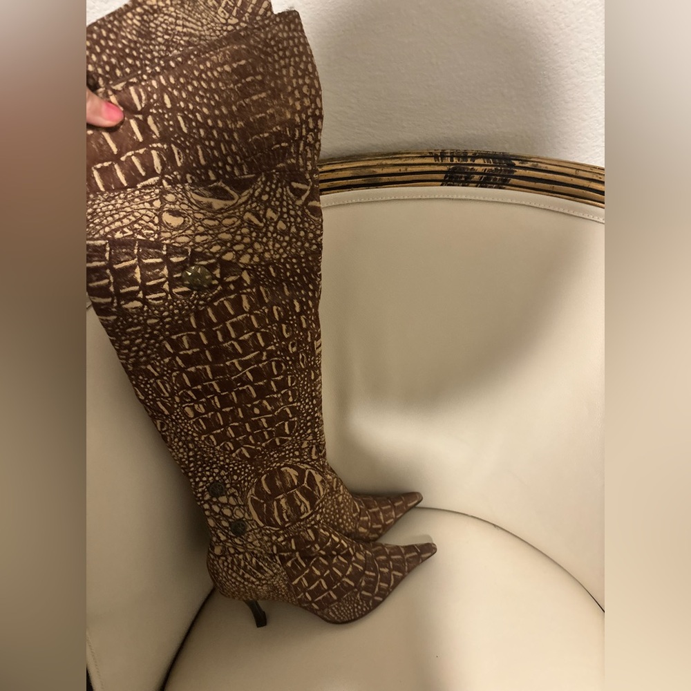 Barco Uniforms Brown Crocodile Over the Knee Boots